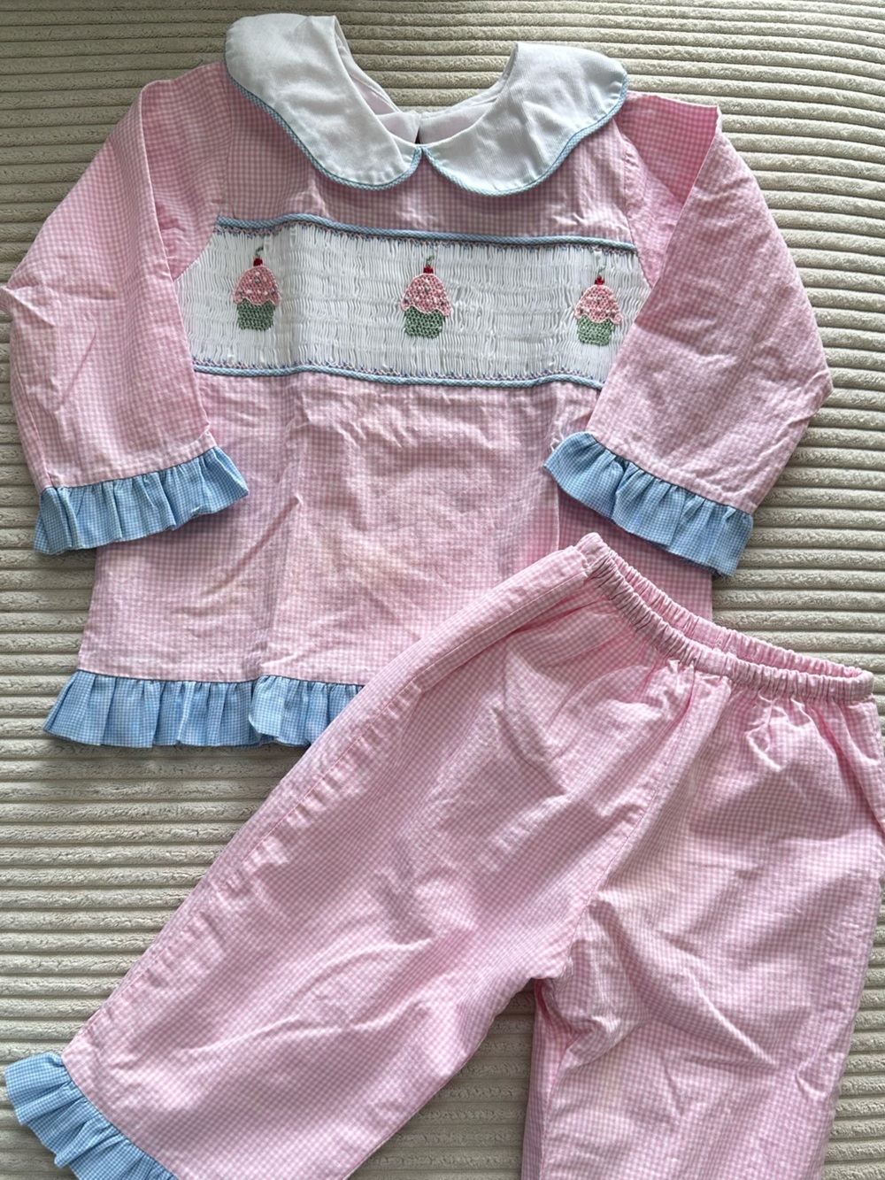 Cupcake Originals Girl’s Matching Pant Set Pink Gingham With Blue Trims 24 Mos